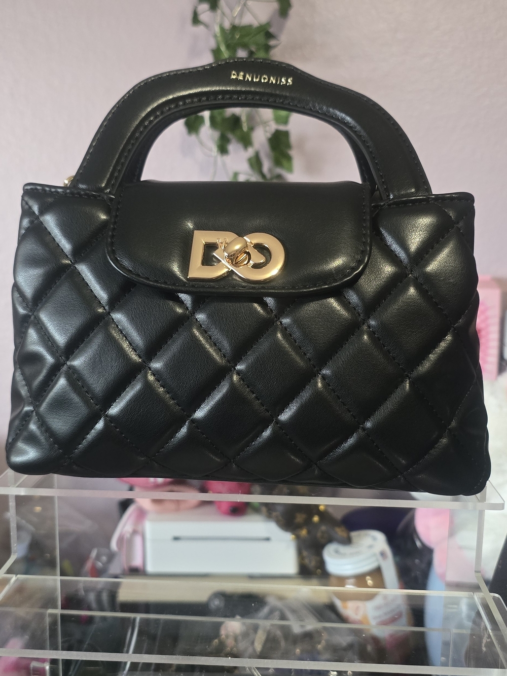Quilted Top-Handle Bag in Black with Gold Hardware